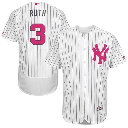 Yankees #3 Babe Ruth White Strip Flexbase Authentic Collection Mother's Day Stitched MLB Jersey